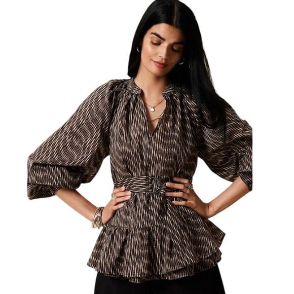 Banana Republic Tops - Banana Republic Tiered Blouse Brown & Black XS Long Puffy Sleeve Missing Belt